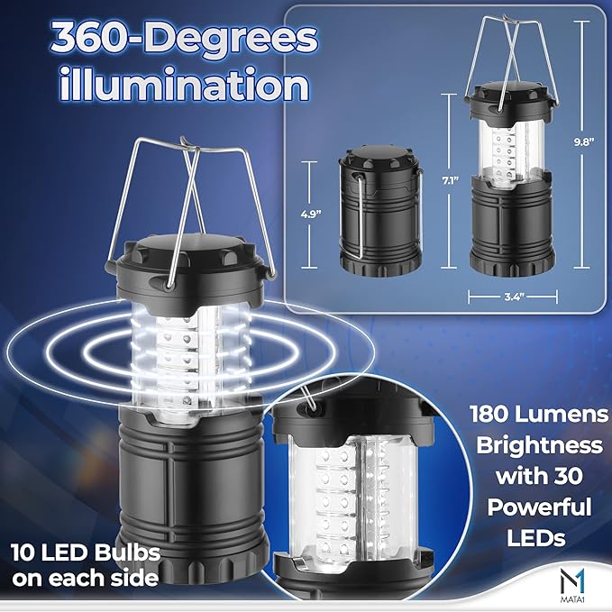 Mata1-USA LED Camping Lanterns (Black, 2 Pack), Emergency Lights for Power Outages, Long-Lasting Battery-Powered Lights w/ 3 Adjustable Brightness Levels, Collapsible Lamps for Indoor & Outdoor Use