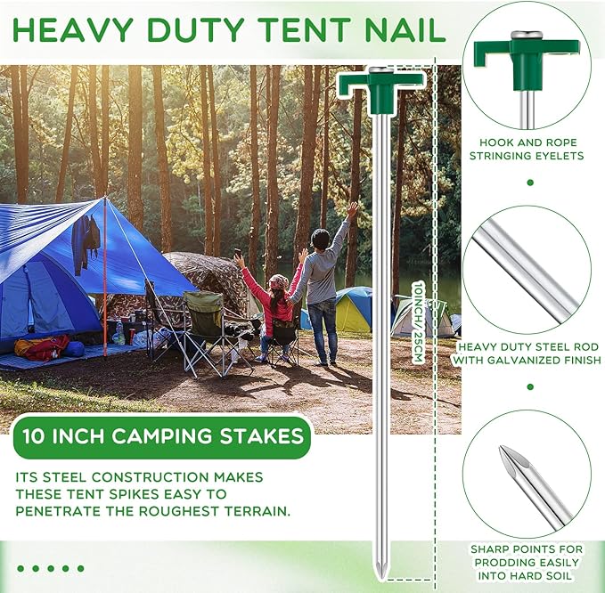 Shimeyao 10" Tent Stakes Camping Heavy Duty Stakes Bulk Metal Ground Pegs Camping Spikes Galvanized for Outdoor Pitching Canopy
