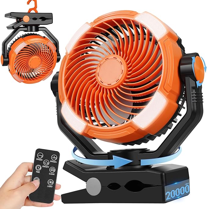 DUKUSEEK Clip Fan with LED Lantern, 20000mAh Rechargeable Clamp Fan, 360° Rotation USB Personal Fans with Hanging Hook, 9in Portable Camping Fan for Bed, Car, Bedroom, Outdoor