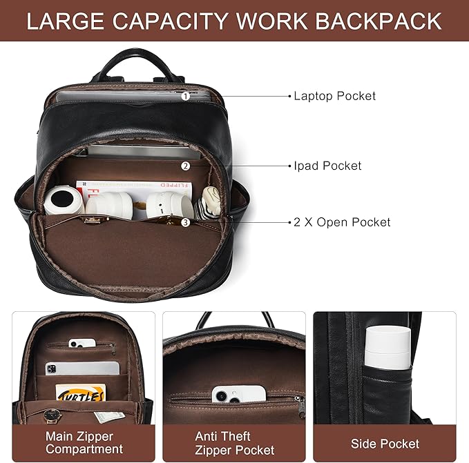 Travel Backpack for Women, Fits 17.0" Notebook, Stylish Lay-Flat Carry-on Vegan Leather Backpack with Luggage Strap for Travel and Daily Use