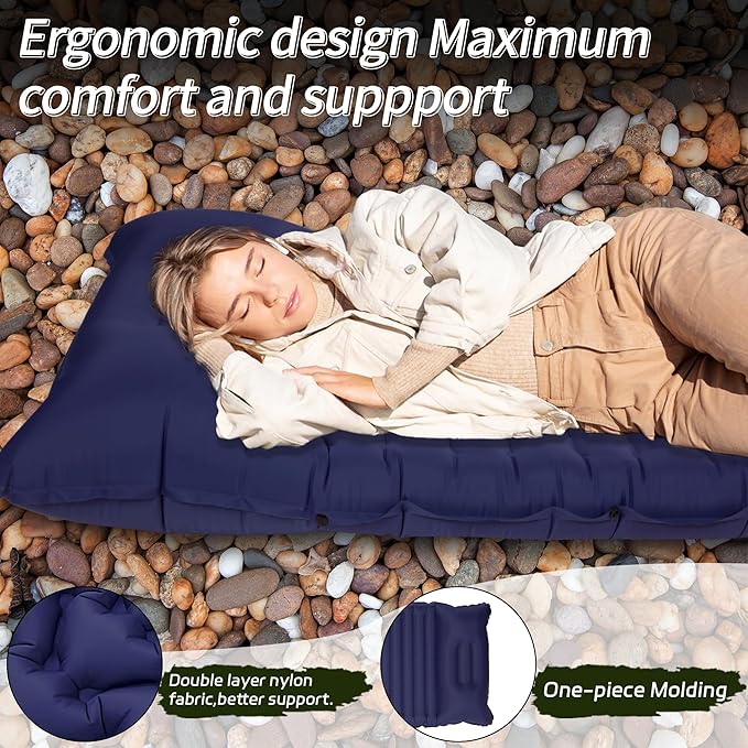 40D Self-Inflating Camping Pad, Insulated Ultralight Sleeping Mat for Backpacking, Winter Camping, 2-Layer Anti-Leak Design w/Built-in Pillow, Foot Pump Foldable Pad, Navy Blue