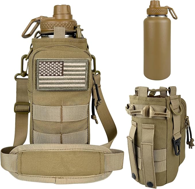 32 oz Insulated Water Bottle with Sleeve - Tactical Stainless Steel Metal Water Jug, Wide Mouth Gym Water Bottles for Men Sports Workout Hiking with Pouch Khaki