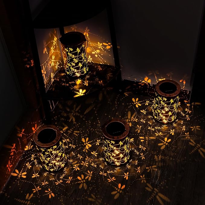 Boho Solar Lanterns Outdoor 2 Pack - Birthday Gifts for Women Mom Grandma Metal Hanging Solar Powered Unique Garden Decorative LED Lights for Outside Yard Patio (Dragonfly)