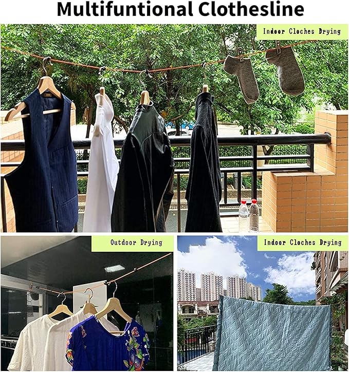 Qihengzhijia Portable Travel Clothesline,Adjustable 32FT/10M Camping Clothesline Clothes Drying Line Rope,Clothesline for Outdoor/Indoor,Laundry,10pcs Windproof Clothespins