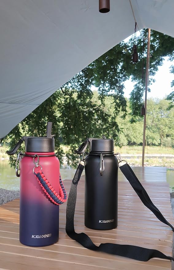 KXIAOCHEN Insulated Water Bottle, Stainless Steel Water Bottle, 2 Lids (Straw and Handle Lid),Wide Mouth Metal Water Bottles Keep Hot and Cold, Double Walled, Thermo Mug, Metal Canteen