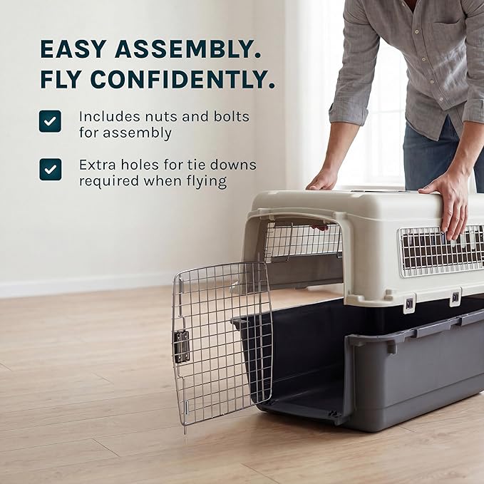 SportPet Airline Compliant X-LARGE 32.25" Travel Dog Kennel-Durable Plastic Airline Pet Carrier w/Removable Wheels & Food Bowls, Collapsible Indoor/Outdoor Dog Kennel, Dog up to 32"L & 23"H-Cream/Gray