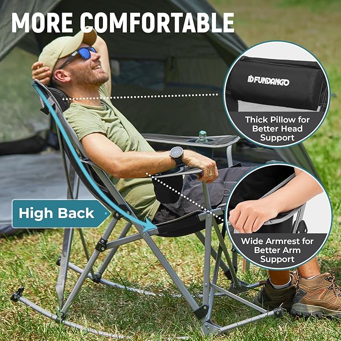 FUNDANGO Rocking Camping Chair, 2 Pack High Mesh Back Portable Folding Camp Chairs with Pillows, Cup Holder and Carry Bag for Lawn Patio Garden Outdoor Supports 300 Lbs (Black/Grey)