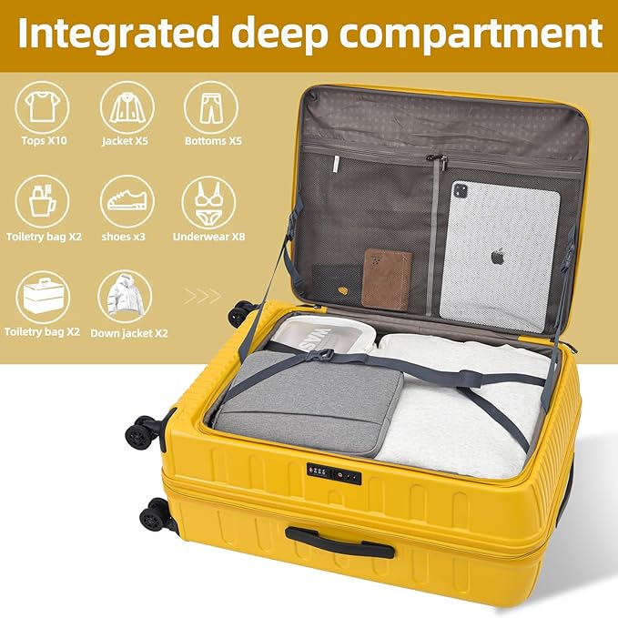 29 Inch Luggage with Expansion & Side Opening Design, 50 * 31(35)*76cm, 117L~133L Ligthweight ABS+PC Hardshell Checked Suitcase, Yellow