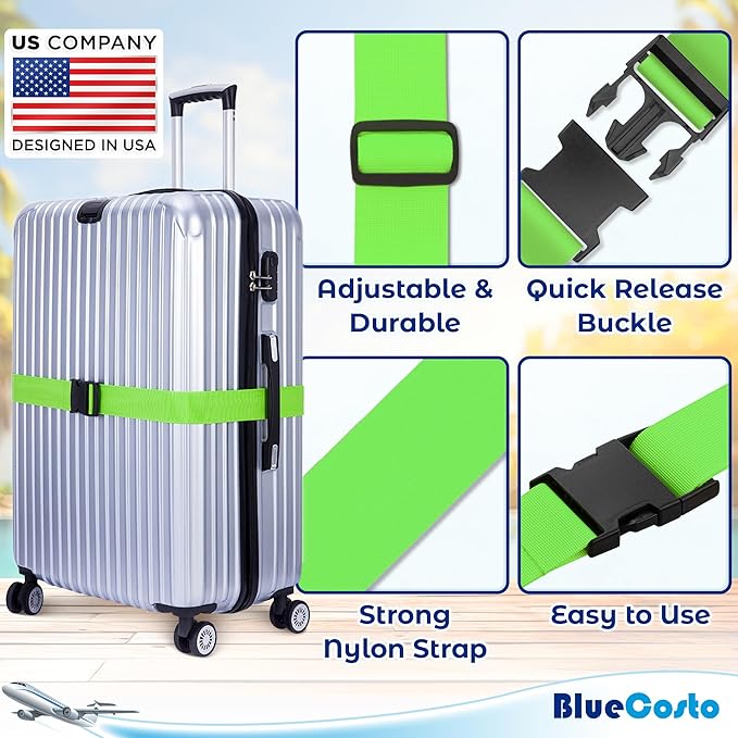 Luggage Straps for Suitcases - TSA Approved - Neon Green, 20 PK - Bulk Multipack Premium Nylon Belts for Suitcase, Briefcase & Travel Bag - Adjustable Strap Length 46" - 78"