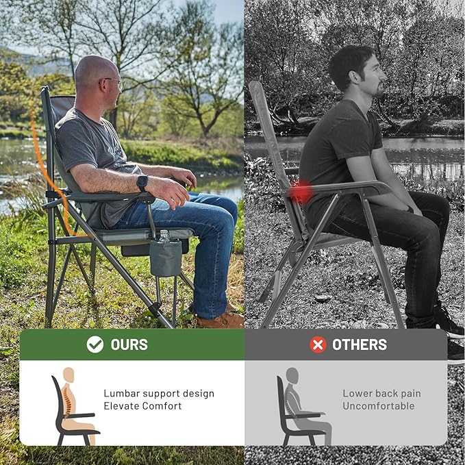 TIMBER RIDGE Oversized Folding Camping Chair with Lumbar Support Adjustable High Back Heavy Duty for Adults Support up to 500lbs with Cup Holder, Cooler Bag, Side Pocket, Grey