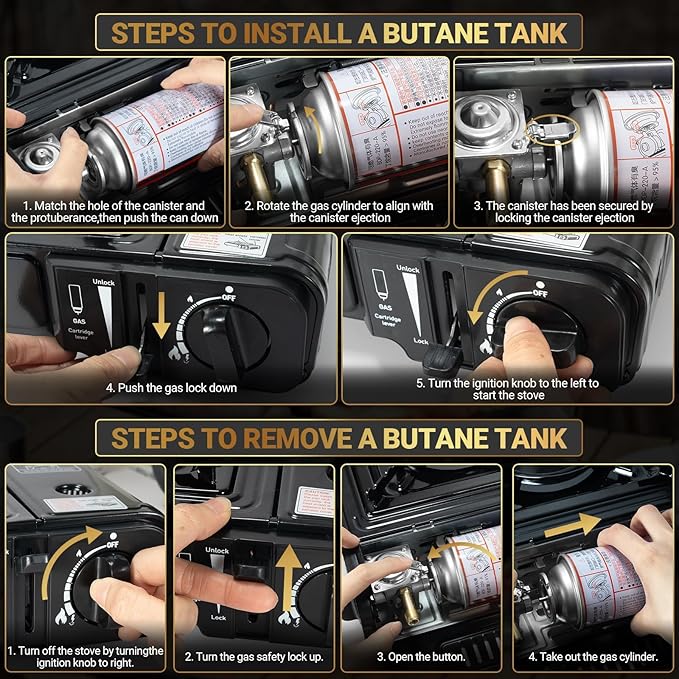 Propane or Butane Stove, Dual Fuel Propane Stove for Camping, 10,000 BTU Automatic Ignition Portable Camping Stove with Carrying Case & Windblocker & Griddle for Hiking(Fuel Not Included)