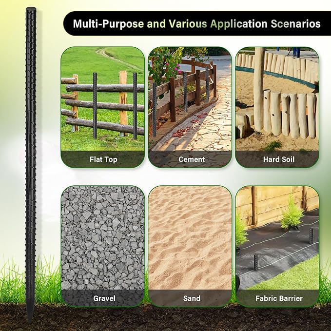 16 Inches Rebar Stakes(16pcs) Heavy Duty Straight Metal Ground Anchors with Chisel Point Ends for Timber,Concrete,Plant Support,Camping Tents,3/8 Inch Thickness Garden Stakes,Black