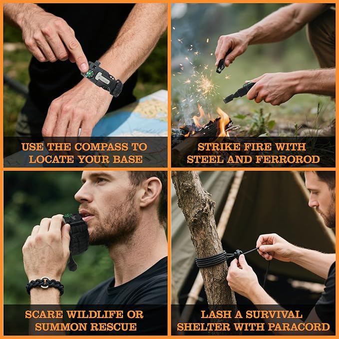 Paracord Survival Bracelet (3 Pack) - Adjustable with Fire Starter, Whistle, Compass - Survival Gear for Hiking, Camping, Fishing