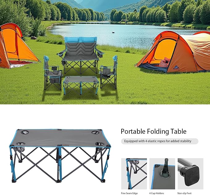 Oversized High-Back Camping Chairs with Pillow, Dual Cup Holders & Cooler Bag - Heavy Duty Foldable Outdoor Chair for Adults4PC (1, BLUEGREY-4PC-SET)