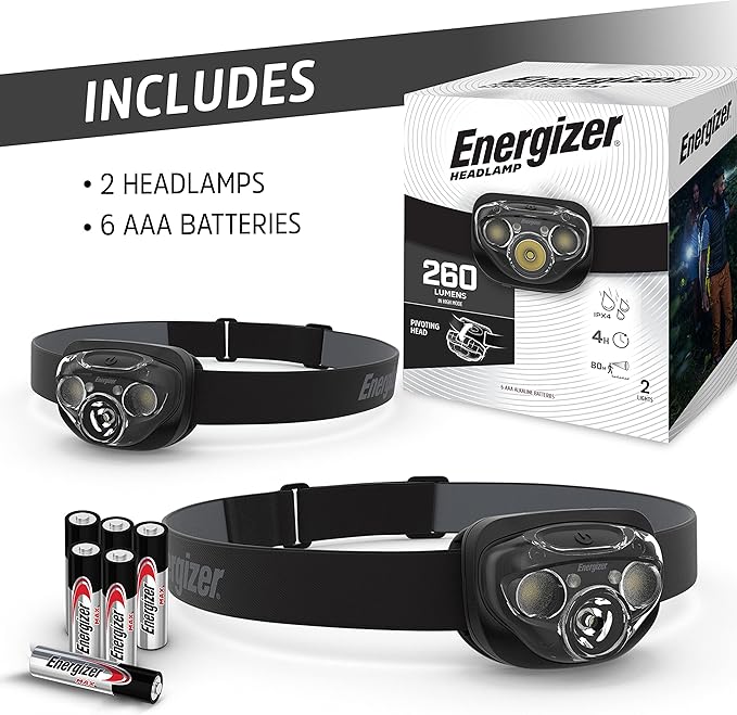 Energizer LED Headlamp PRO (2-Pack), IPX4 Water Resistant Headlamps, High-Performance Head Light for Outdoors, Camping, Running, Storm, Survival LED Light for Emergencies (Batteries Included)