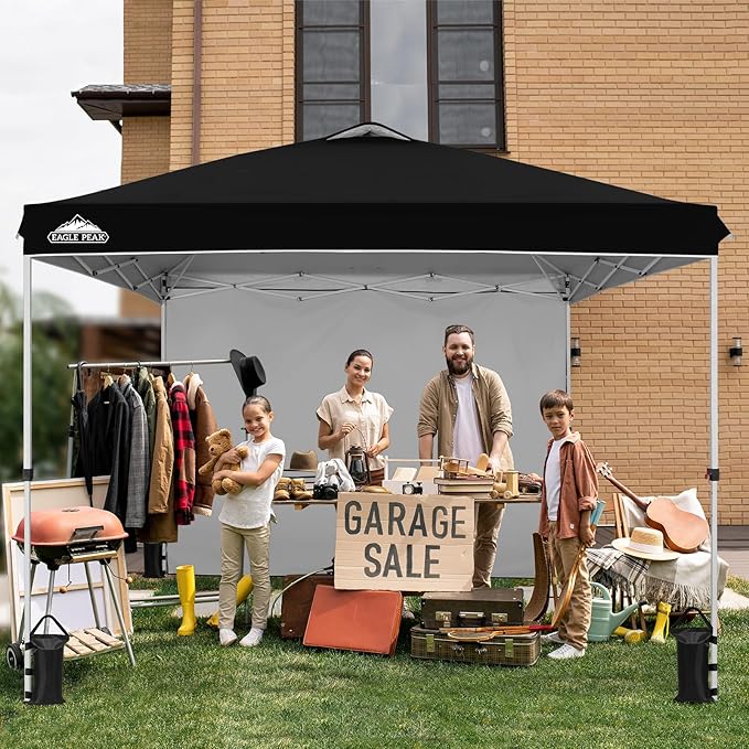 EAGLE PEAK Pop Up Canopy Tent with 1 Sidewall, Easy Setup Event Tent, Outdoor Sun Shade, Wheeled Carry Bag, Stakes and Guy Ropes, Instant Canopy 10x10, Black