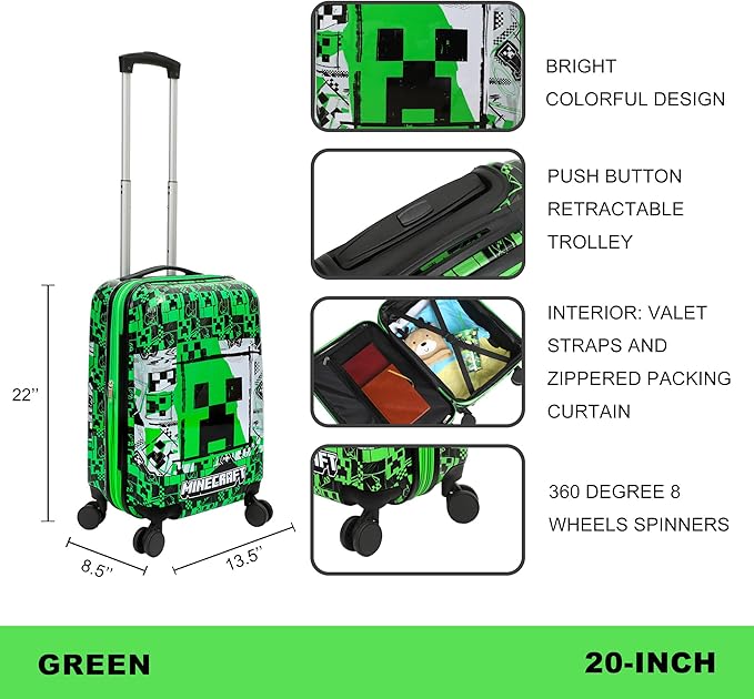 Bioworld Minecraft Creeper 20" Carry-On Luggage With Wheels And Retractable Handle
