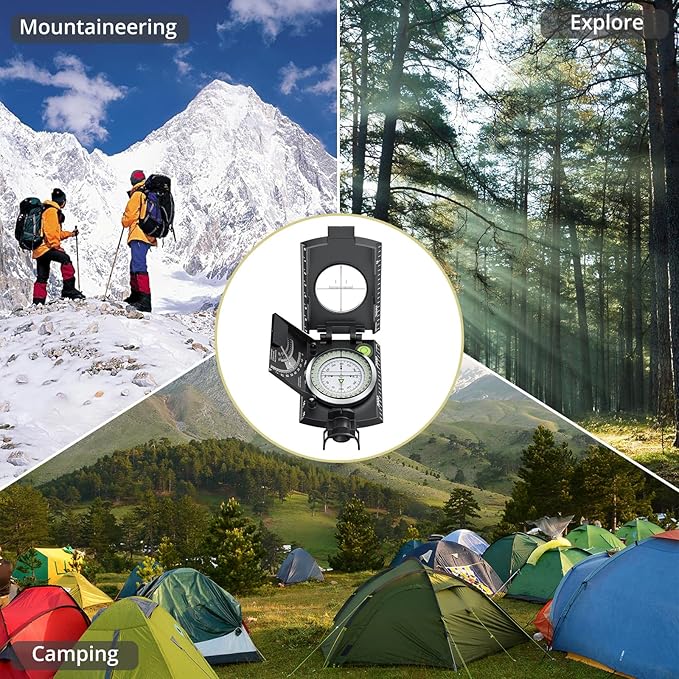 Compass Hiking Survival, IP65 Waterproof Metal Compass with Sighting Clinometer and Carry Bag, Multifunctional, Professional, for Camping Hunting Hiking Navigation