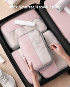 4 Set Compression Packing Cubes for Travel, Bonus Versatile Drawstring Backpack, Lightweight Luggage Organizer Bags, Sturdy Travel Accessories for Suitcase, Pink