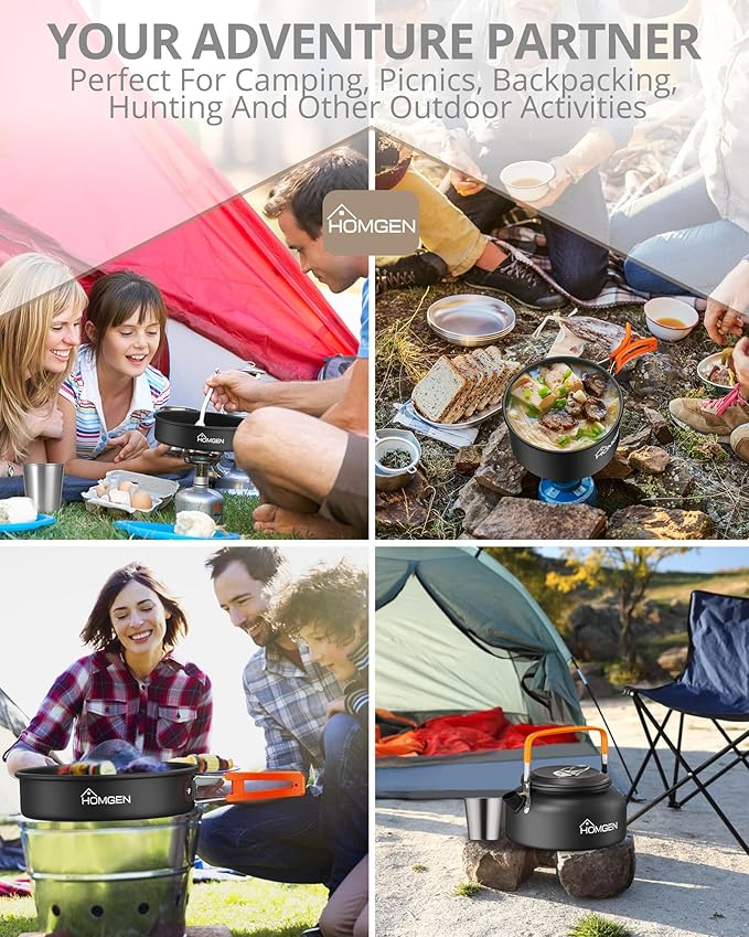 HOMGEN 12-Pieces Ultralight Anodized Aluminum Camping Cookware Set for 2 People - Nesting Pot/Pan with Foldable Handles 800ml Insulated Teapot & Stainless Cups for Camping Hiking