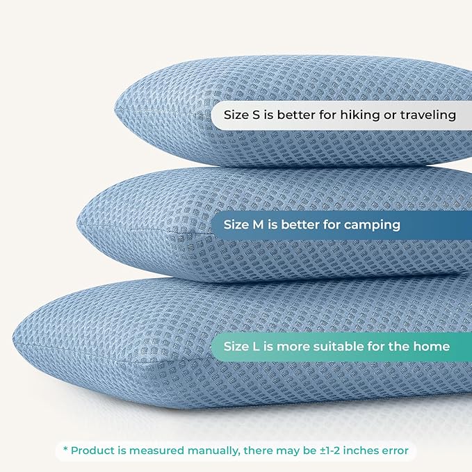 Travel Pillow Memory Foam Pillows, Camping Pillow-Compressible Medium Firm, Breathable Cover, Ideal Backpacking Hiking, Bed Pillows, Airplane and Car (Blue, M)