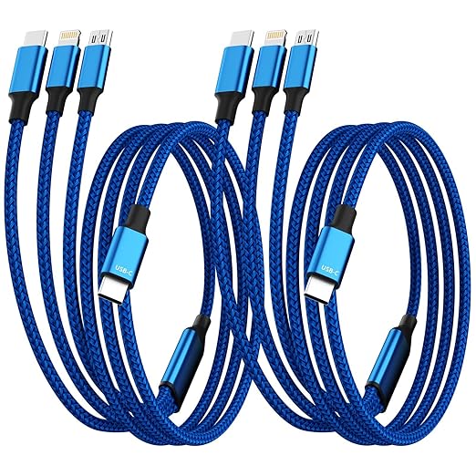 USB C Multi Charging Cable, 2Pack 5FT Multiple Charger Cord, 3 in 1 Universal Charger Cable with Type-C/Micro USB and IP Port, Compatible with Most Cell Phones-Blue