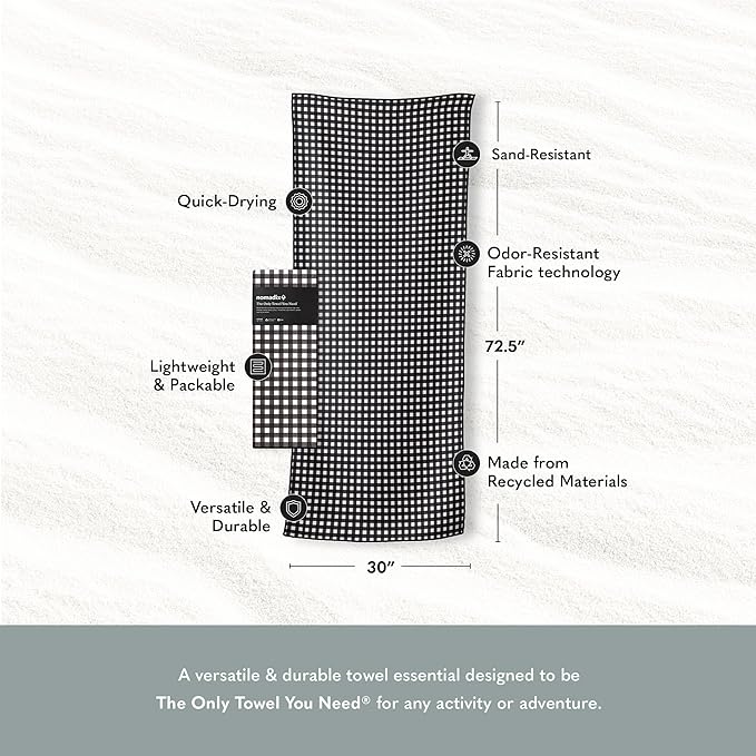 Nomadix Original Towel - Perfect for Beach, Pool, Travel, Camping, Yoga - Made with Recycled Materials - Super Absorbent - Sand Resistant - Gingham Black - 72.5x30