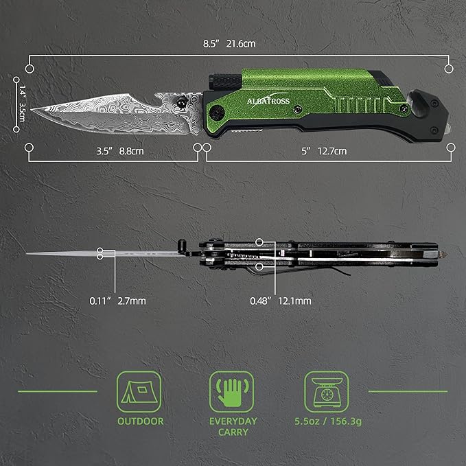 ALBATROSS 7-in-1 Damascus Folding Knife - Glass Breaker/Seatbelt Cutter/Flashlight/Fire Starter, Military Rescue Tool with Carrying Bag - FK01-DA-GN (Green)