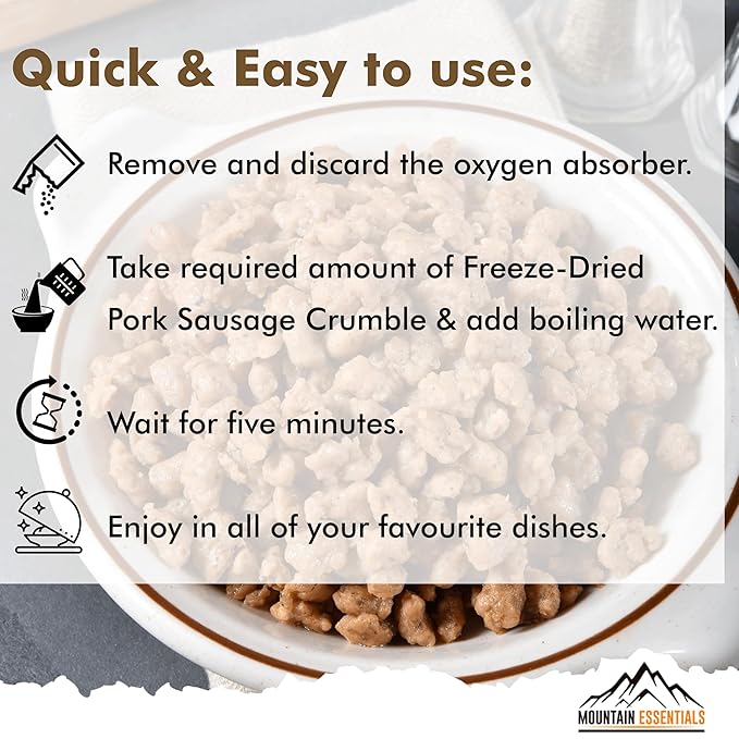 MOUNTAIN ESSENTIALS Freeze-Dried Pork Sausage Crumble – Fully Cooked & Ready to Eat | Traditional Flavor | Premium Quality Everyday Meals, Camping & Emergency Survival Food | 10 Servings | Made in USA | 7-Year Shelf Life