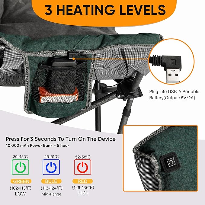 Colorsoul Oversized Heated Camping Chairs Heavy Duty, Fully Thick Padded Heated Chairs for Outdoor Sports, Heated Folding Chair for Adults Support 450lbs, 3 Heat Levels, Battery NOT Included