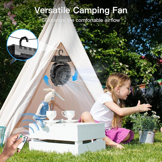FRIZCOL 3-in-1 Camping Fan - Portable Fans Rechargeable - 24000mAh Battery Powered Fan(140Hrs) with Light & Remote for Indoor, Outdoor, Tent, Travel, BBQ, Fishing, Jobsite - Black