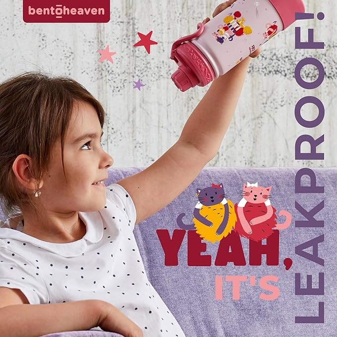 Bentoheaven Kids Water Bottle Stainless Steel for Boys & Girls, 2 Lids (Chug & Straw), Handle & Silicone Boot, Reusable Metal Leak-proof Insulated Tumbler, School & Sports 17oz (Pink)