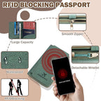 RFID Blocking Passport Wallet, Anti Theft PU Texture Passport Pouch with Tracker Case, Travel Document Organizer Zipper Wallet with Wrist Strap & Keychain, Gifts for Women and Men (Black)