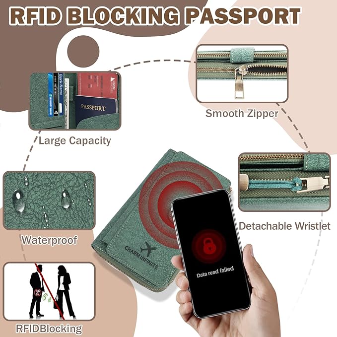 RFID Blocking Passport Wallet, Anti Theft PU Texture Passport Pouch with Tracker Case, Travel Document Organizer Zipper Wallet with Wrist Strap & Keychain, Gifts for Women and Men (Green)