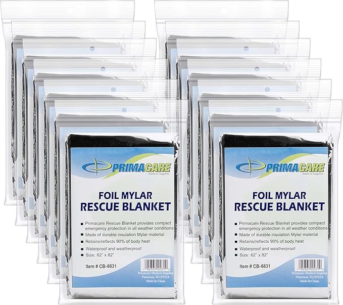 PrimaCare CB-6831-CS Emergency Rescue Heat Preservation Blanket, Waterproof, 82" x 62", Weatherproof, Pack of 12