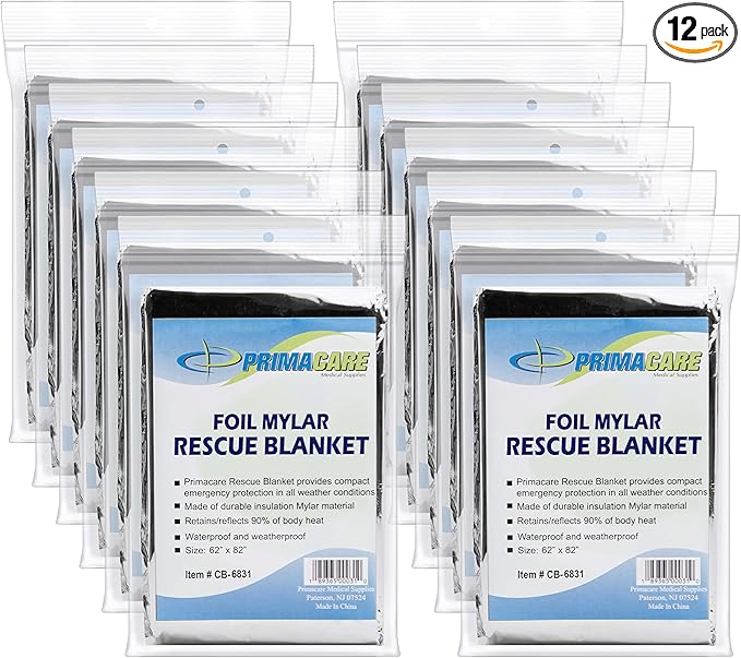 PrimaCare CB-6831-CS Emergency Rescue Heat Preservation Blanket, Waterproof, 82" x 62", Weatherproof, Pack of 12