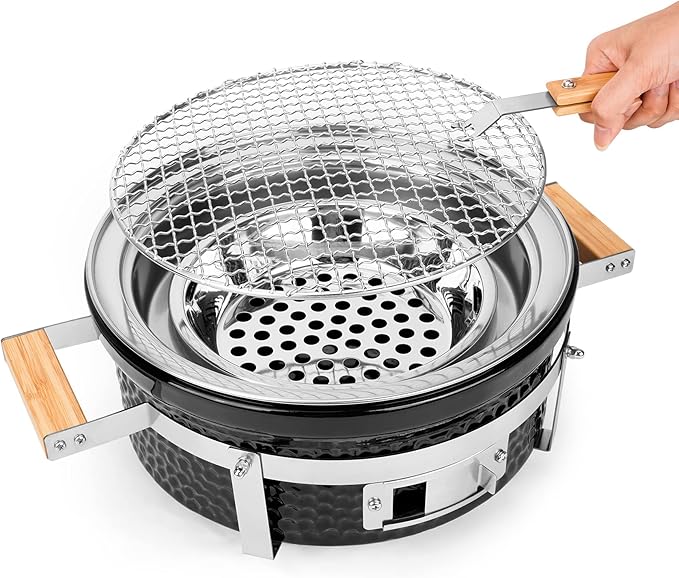 Onlyfire Ceramic Hibachi Charcoal Grill with Grid Lifter, 14" Portable BBQ Yakitori Grill with Stainless Steel Grate for Outdoor Patio Backyard Barbecue Cooking, GS305