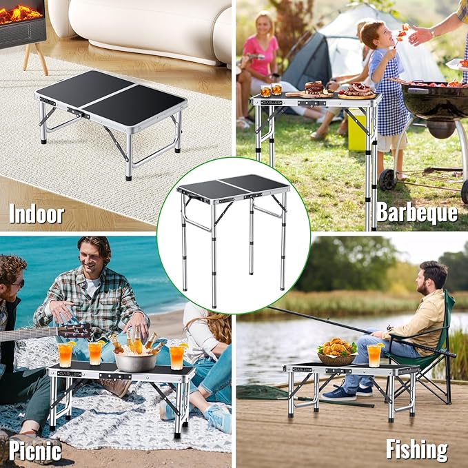 GARLLEN 2ft Folding Camping Table, Portable Picnic Table with 3 Adjustable Height, Lightweight Aluminum Outdoor Table for BBQ, Camping, Dinning, 22.8" L x 15.7" W, Silver