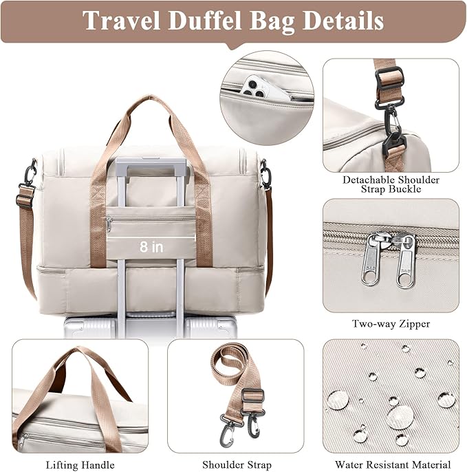 Extra Large Travel Duffle Bag,Carry on Overnight Weekend Bag with Shoes Compartment,Weekender Bags for Women for Travel Business Trips Sport Hospital,3 Pcs Set,Beige & Brown