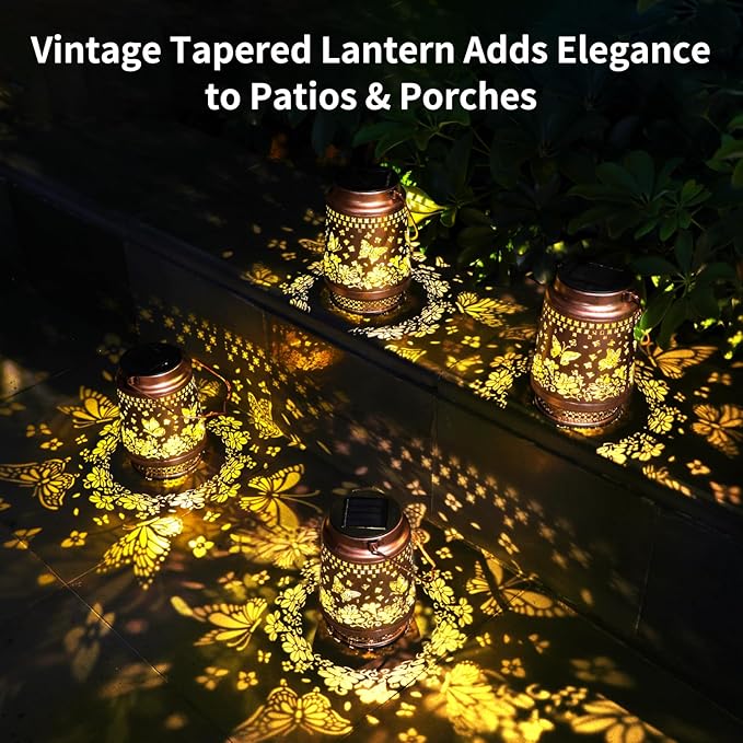 Solar Lanterns Outdoor Waterproof, AOSITE 2 Pack Butterfly Hanging Solar Lights Lantern Metal LED Lanterns Outdoor Decorative Gifts for Women Men, Garden Decor Lantern for Patio Yard Front Porch