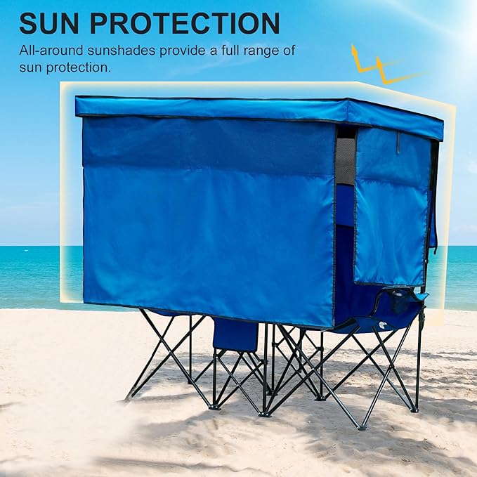 Double Beach Chair with Canopy Shade Heavy Duty Camping Chairs with Cup Holder Folding Loveseat for Outside Lawn