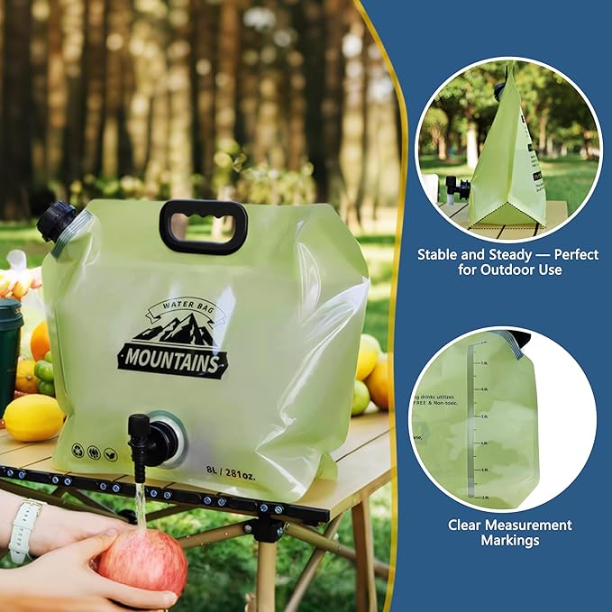 Camping Water Jug 2.1 Gallon Collapsible Water Container Portable Water Bag for Travel Outdoor Hiking BPA Free Lightweight (Green (2.1 Gal), 4)