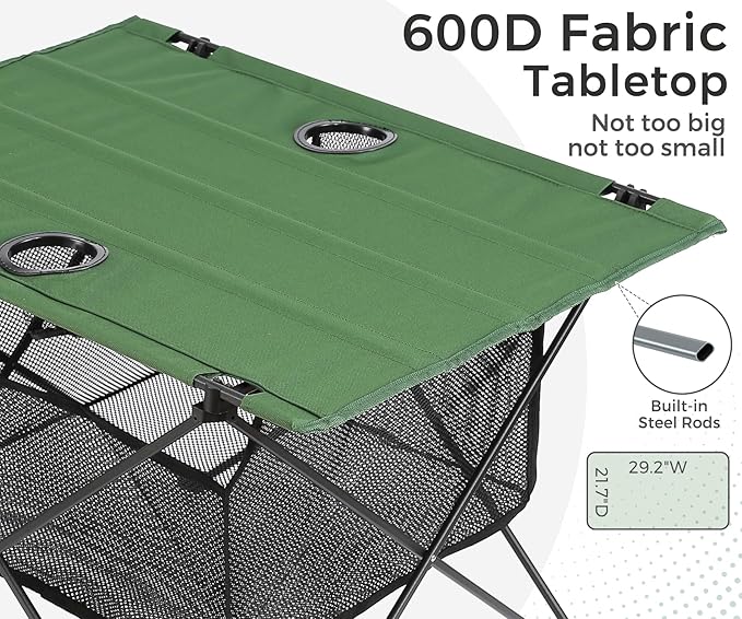 Lightweight Portable Fabric Camping Picnic Table - Collapsible Beach Table with 2 Cup Holders, Folding Canvas Outdoor Lawn Table - Easy Carry & Large Capacity Storage, 29.2"W x 21.7"D (Green)