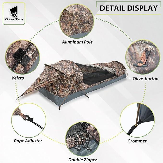 GEERTOP Ultralight Single Person Bivy Tent for Camp Waterproof 1 Man Tent for Camping Hiking Backpacking Hunting Outdoor Survival Gear - Easy Set Up