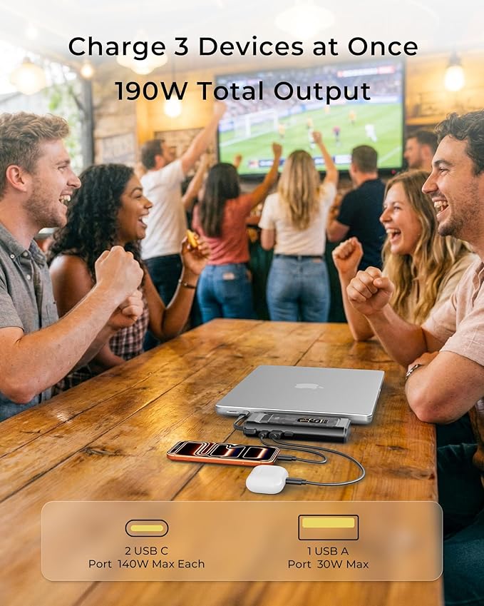 2026 FIFA Licensed 190W 20000mAh Power Bank for Laptop Portable Charger,3-Port USB-C Fast Charging Battery Pack with Built-in Retractable Cables for MacBook,Cell Phones,iPhone,Android,Samsung,Black