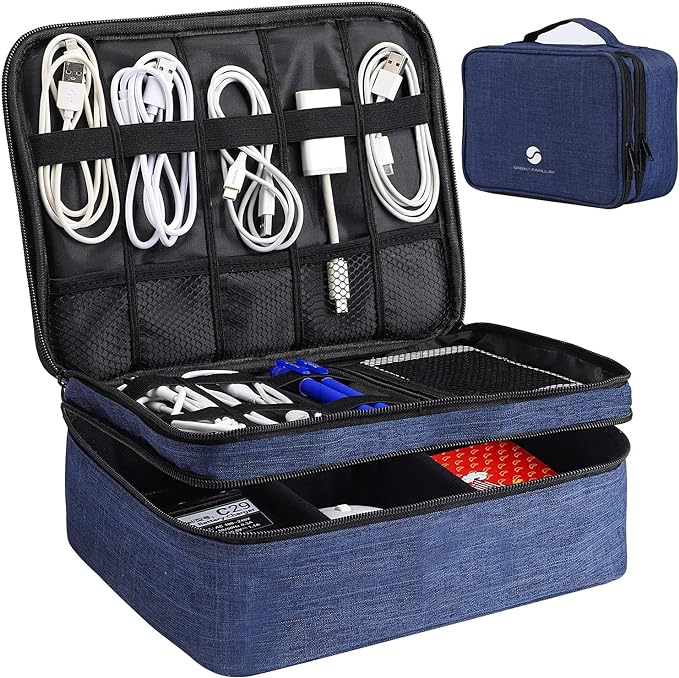 ORIENT FAMULAY Travel Electronics Organizer, Waterproof Cable Organizer Bag for Electronic Accessories Double Layer Large Shockproof Cable Storage Bag for Cord, Power Bank, Tablet(Up to iPad 11 inch) - Royal Blue