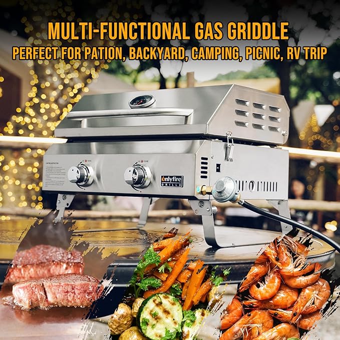 Tabletop Gas Griddle with Lid & Foldable Legs, 2-Burner BBQ Propane Flat Top Griddle, Portable Grill Stove for Outdoor Cooking Patio Party Camping Tailgating RV, Stainless Steel, GS318