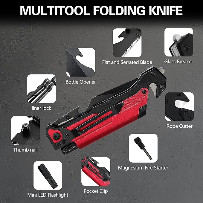 ALBATROSS 7-in-1 Folding Pocket Knife with Glass Breaker, Seatbelt Cutter, Serrated Blade, LED Flashlight, Fire Starter & Bottle Opener - Emergency & Outdoor Tool with Pouch (Red) FK01-RD