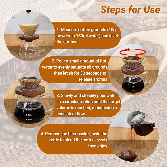 Coffee Pour Over 13.5oz 400ml High Borosilicate Glass Pour Over Coffee Maker Set Camping Travel with 50 Pcs V60 Cone Filter Paper Hand Brew Carafe Drip Suitable for Electric Ceramic Stove