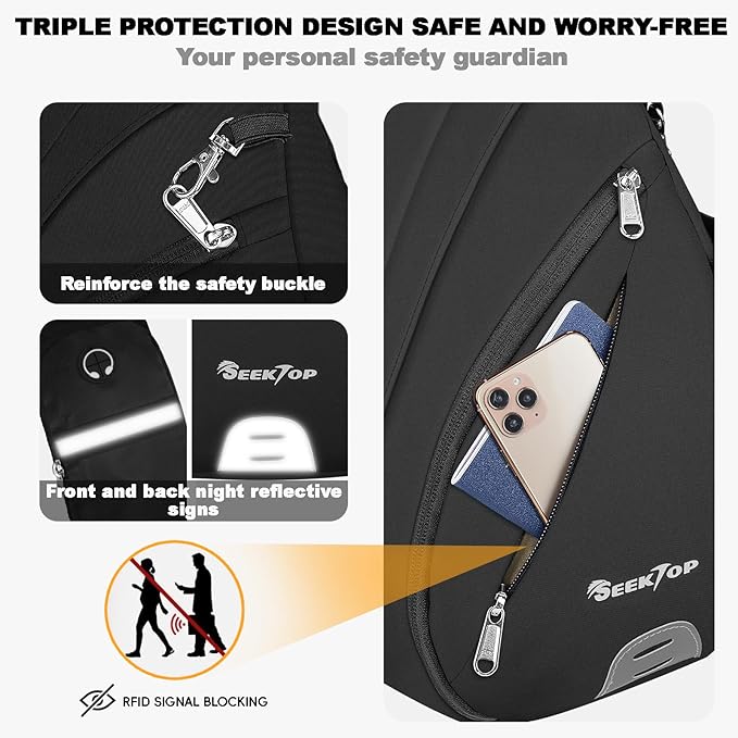 Seektop Crossbody Bag Anti-Theft RFID Blocking Waterproof 400D Nylon Lightweight Small Sling Backpack Shoulder Bags Chest Pack for Travel Hiking Outdoor Commuting Men Women Black